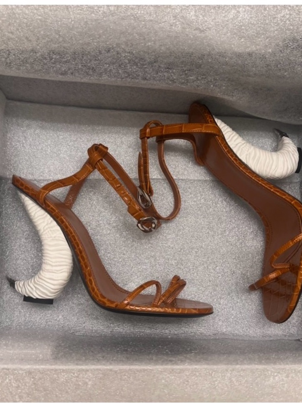 Givenchy Tan Croc-Effect Ankle-Strap Heels with Crocodile Embossed Horn Sandals - Picture 9 of 10